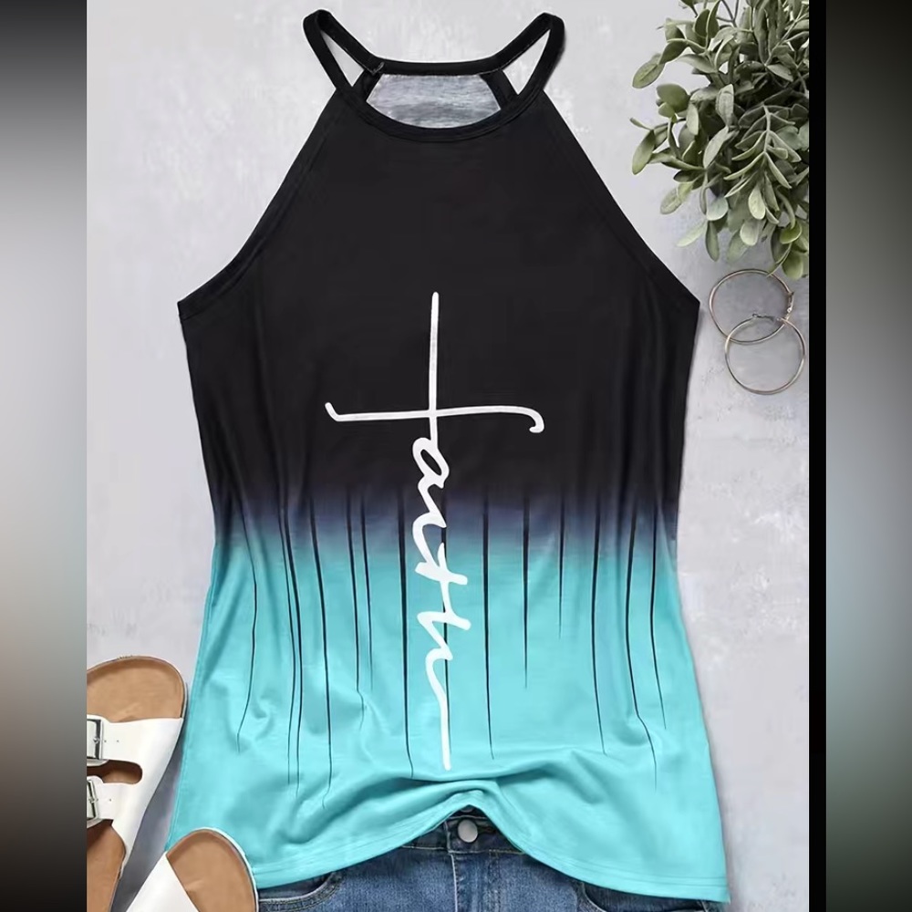 HOLIDAY CLEARANCE ‘Faith’ Printed Teal & Black Tank Top
